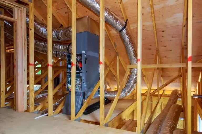 Unfinished attic with exposed wooden framing and HVAC ductwork, including an air handler unit and insulated flexible ducts—ideal for Horizon Air AC installation or air conditioning upgrades.