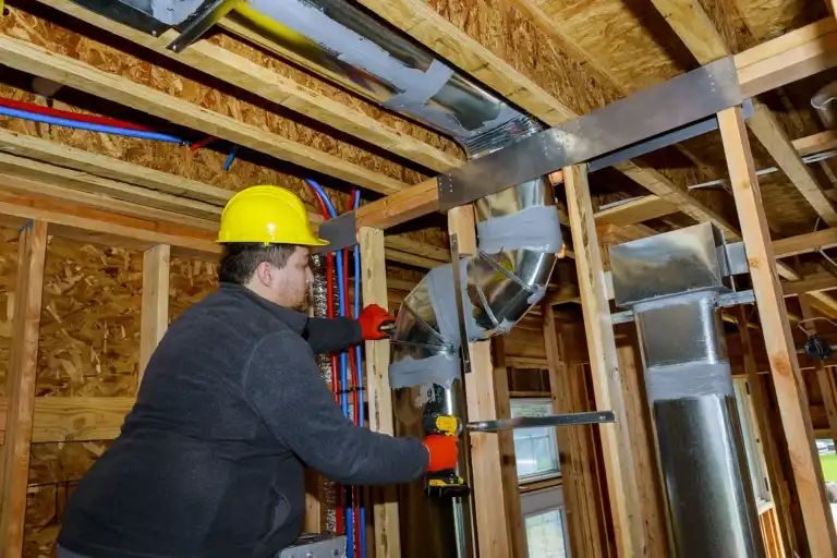 A construction worker in a yellow hard hat performs AC installation, fitting HVAC ductwork in a building with exposed wooden framing and insulation.