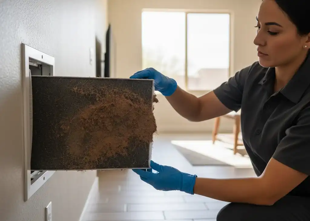 A person wearing gloves removes a dust-covered filter from a wall vent in a home.
