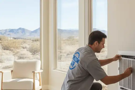 Horizon Air LLC technician inspecting air intake, confirming accuracy after fall cleaning.