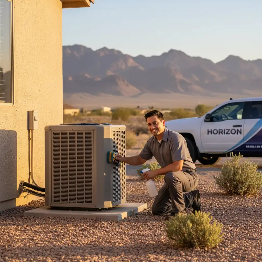 Licensed HVAC technician performing maintenance on outdoor AC unit in desert conditions
