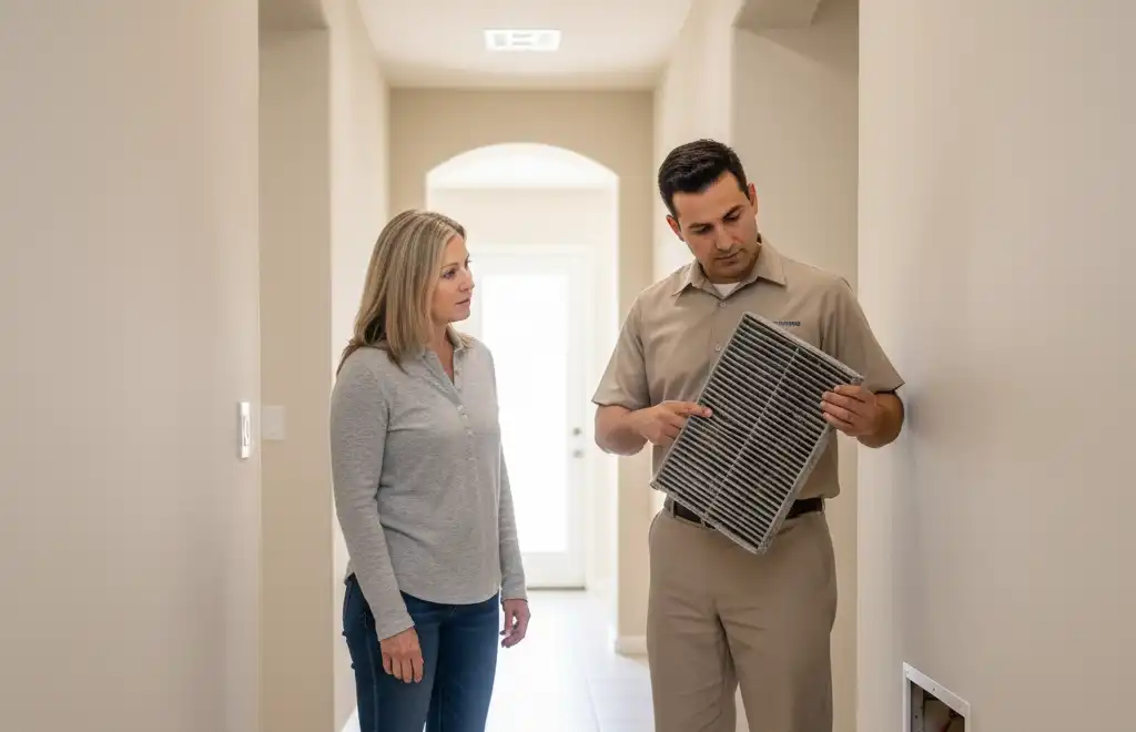 A technician in uniform shows a dirty air filter to a woman in a hallway near a vent in the wall.