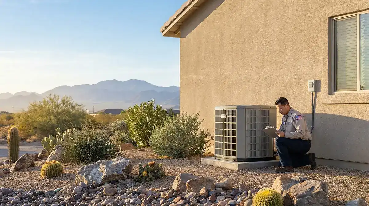 A technician kneels next to an outdoor HVAC unit, performing post-Thanksgiving HVAC maintenance with a clipboard beside a house in the Arizona desert landscape.