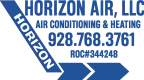 Logo for Horizon Air, LLC featuring air conditioning and heating services, AC installation, phone number 928-768-3761, and ROC#344248, with blue arrows and text.