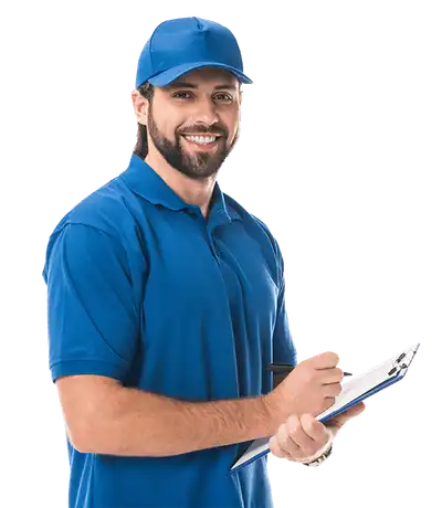 A man in a blue polo shirt and cap holds a clipboard and pen, smiling at the camera—ready to assist with your AC repair or maintenance needs.